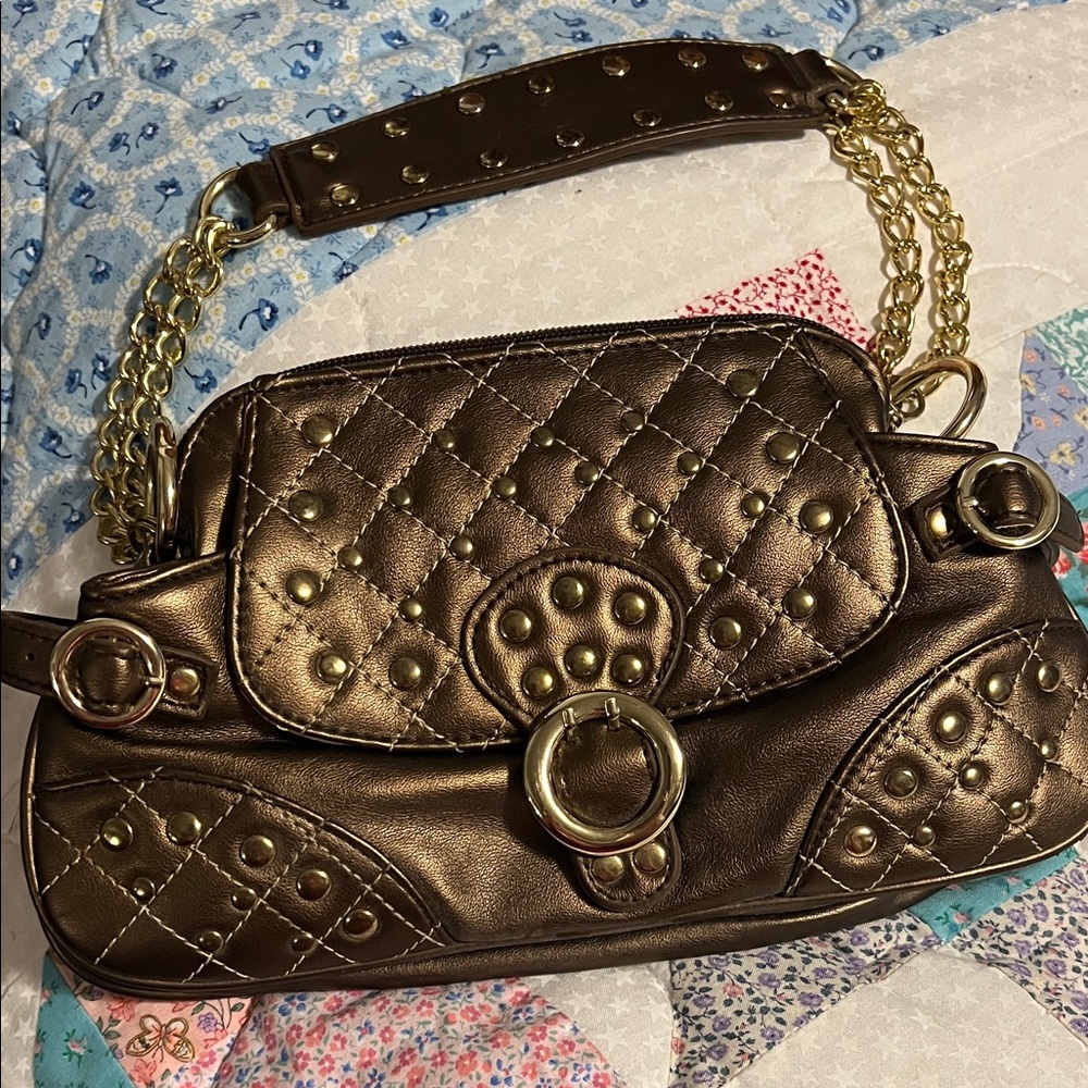 Heiress by Paris Hilton Stud-Embellished Quilted Shoulder Bag in Metallic Brown